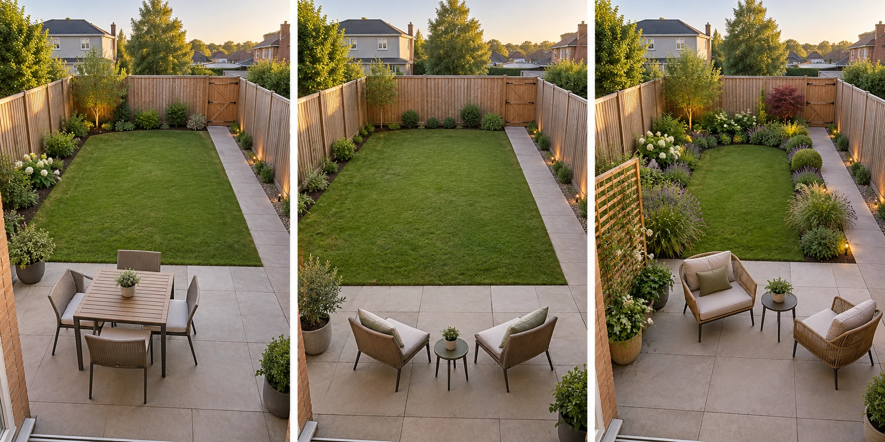 Three AI small-backyard concepts prioritizing dining, open space and a quiet retreat.