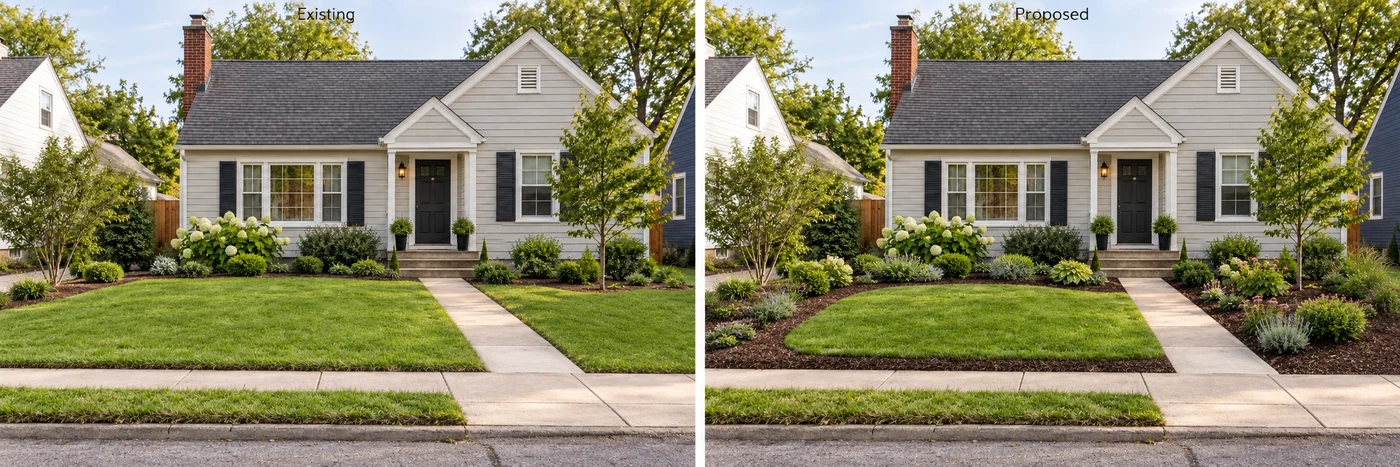 Two AI views of the same example yard: existing larger lawn and proposed smaller lawn with expanded beds.