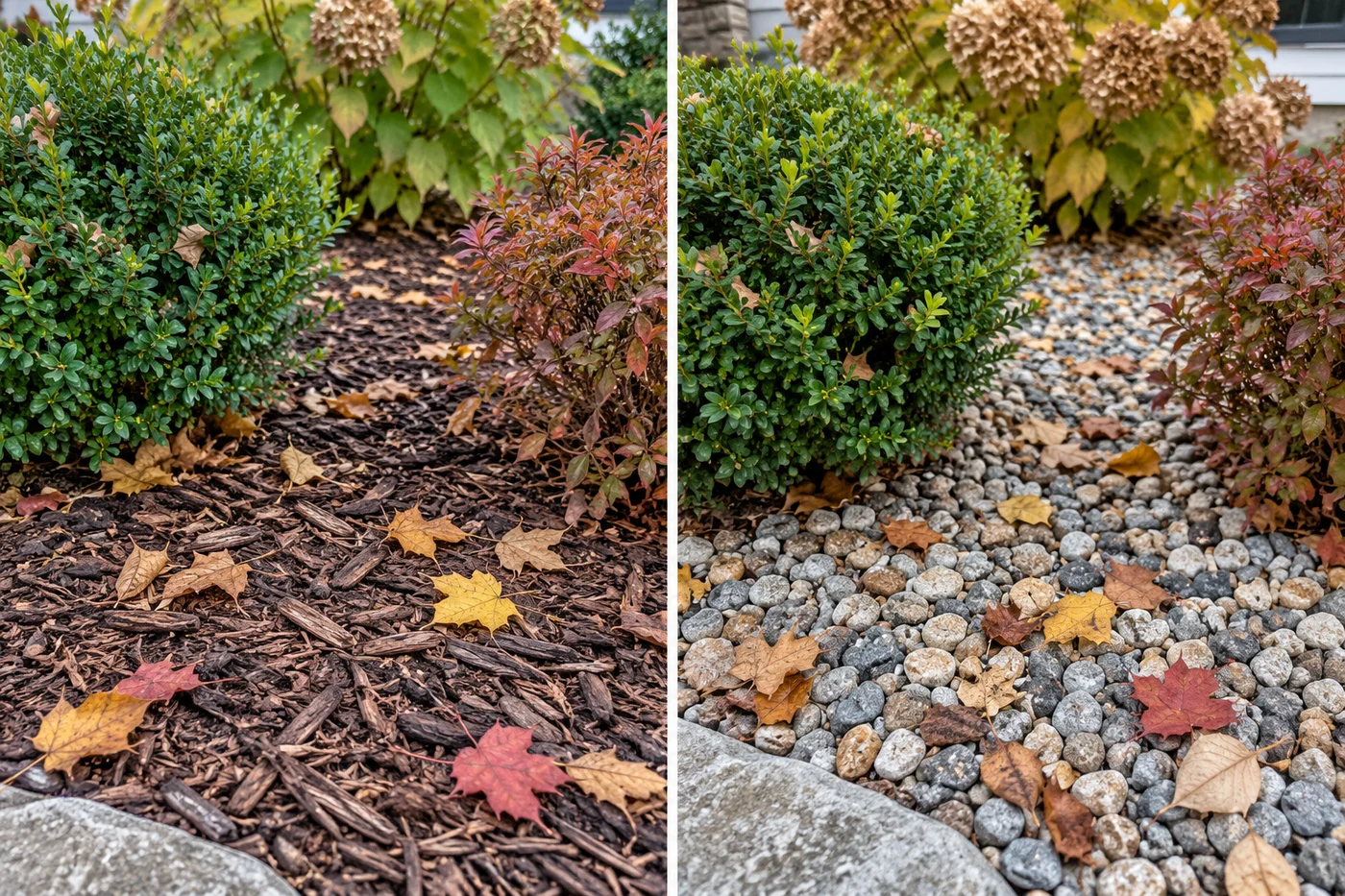 Bark mulch and decorative gravel shown side by side, with fallen leaves visible on both surfaces.