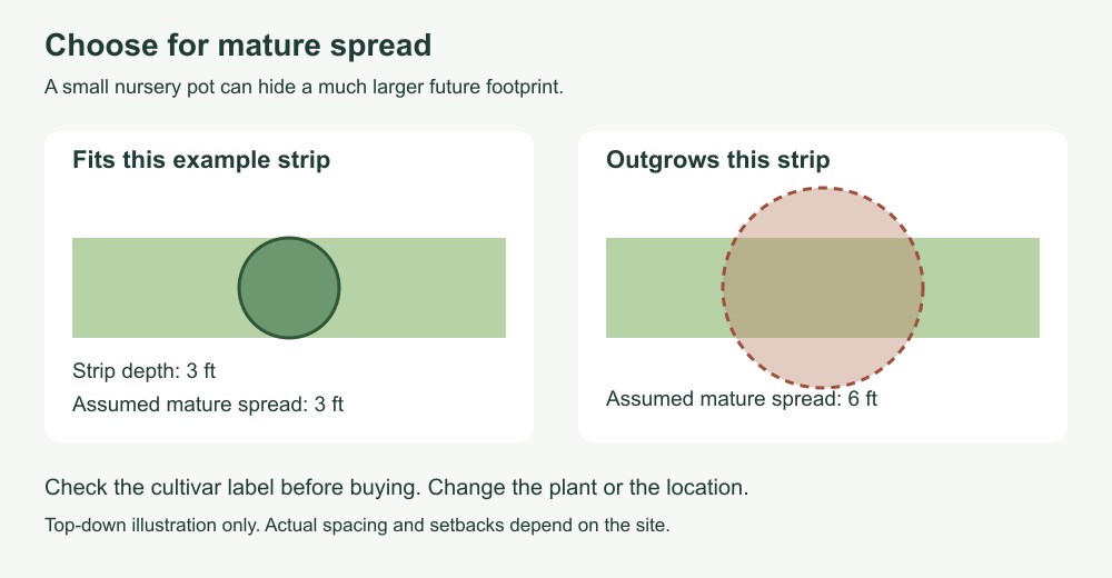 A three-foot plant footprint fits a three-foot-deep strip while a six-foot footprint extends beyond it.