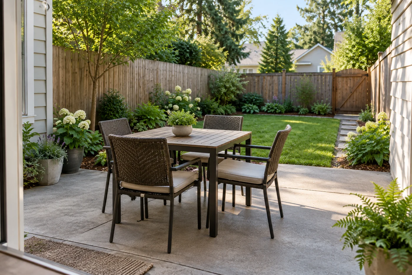 A compact four-seat dining table on a patio with a side route toward the back gate.