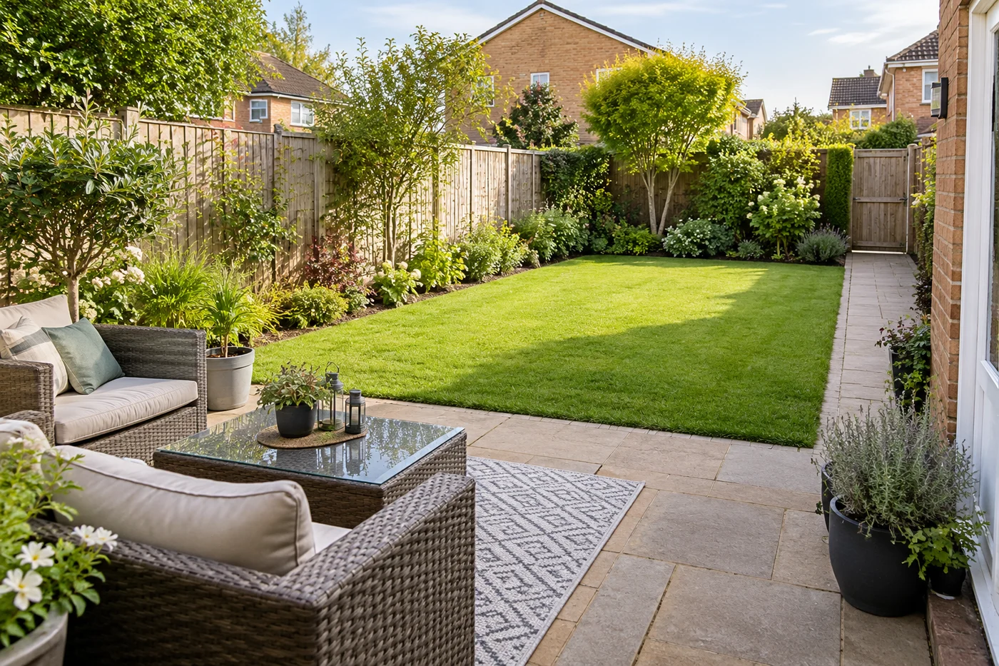 A simple open lawn with patio seating near the house and planting along the boundary.