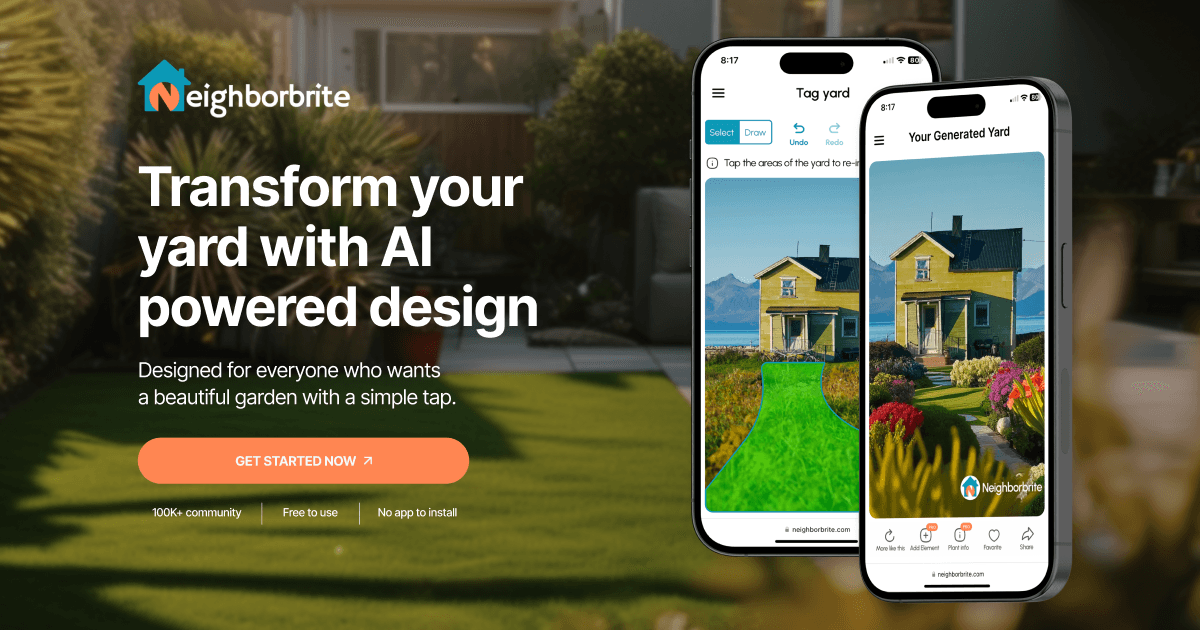 Neighborbrite AI landscape design app showing a personalized yard design