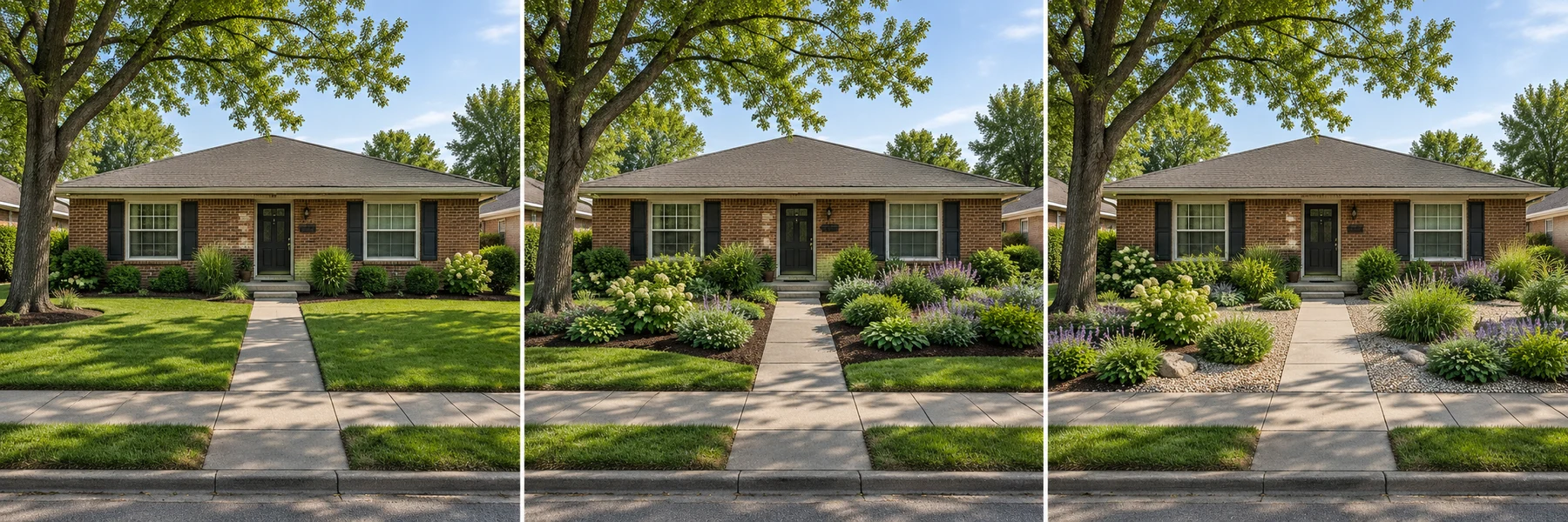 Three AI front-yard design concepts showing different lawn, planting and gravel choices.
