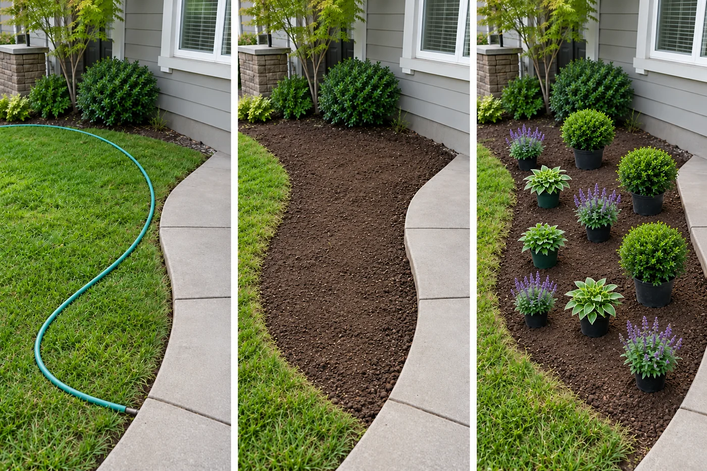 Three illustrative stages: mark a bed outline with a hose, remove turf, and arrange nursery pots before digging.