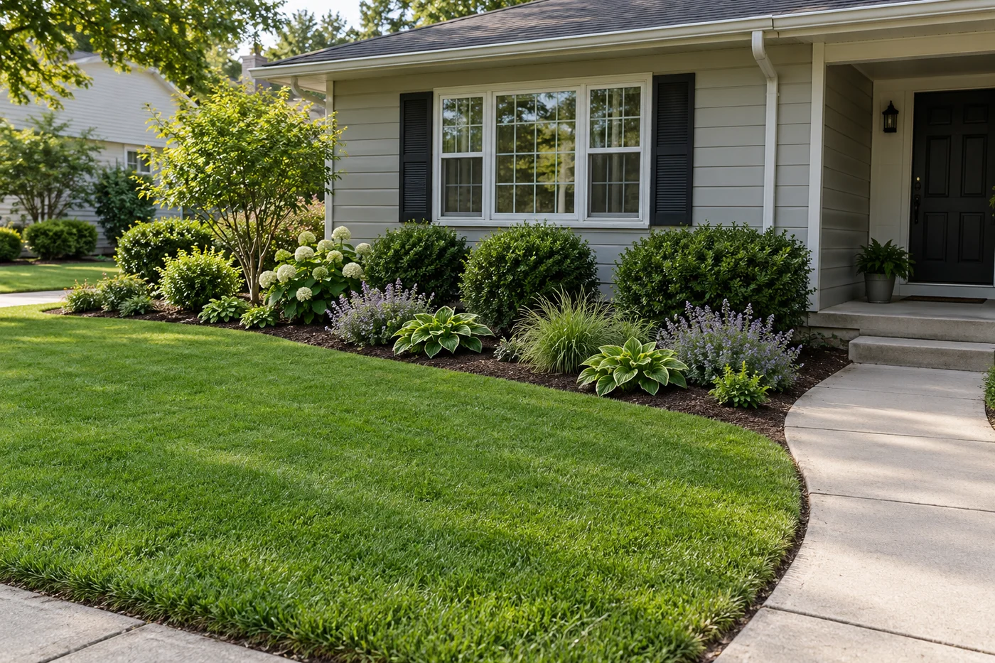 A simple lawn beside one connected mulched bed with repeated planting and an open front walk.