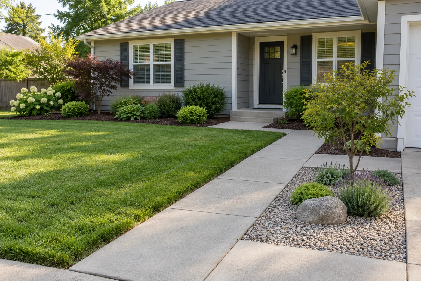 A small bounded gravel accent beside a front walk, with most lawn and mulched planting retained.
