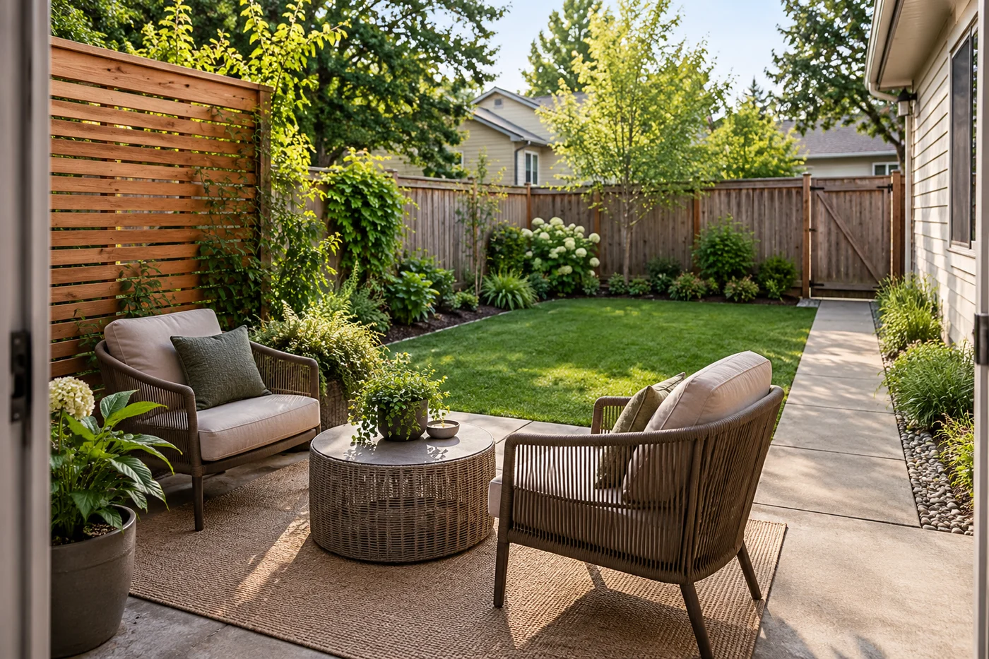 Two patio chairs beside a targeted wood privacy screen, with an open route along the opposite side.